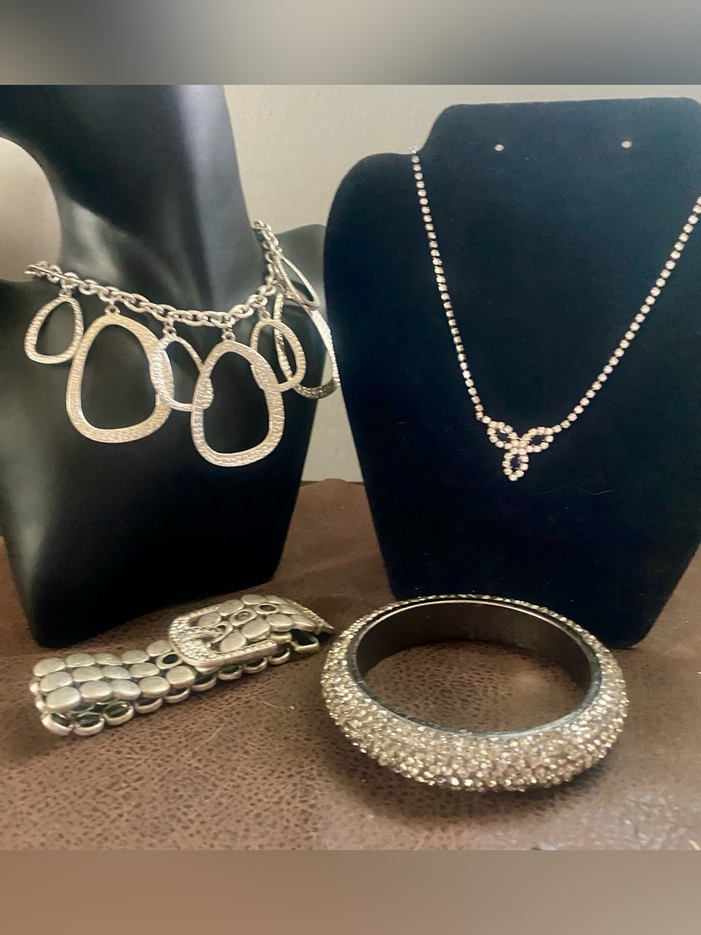 Vintage Silver Statement Necklace & Rhinestone Necklace, Buckle Bracelet